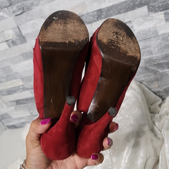 Stuart Weitzman Red Wine Velvet Peep Toe Sling Back Heel Sandals - Picture 5 of 9